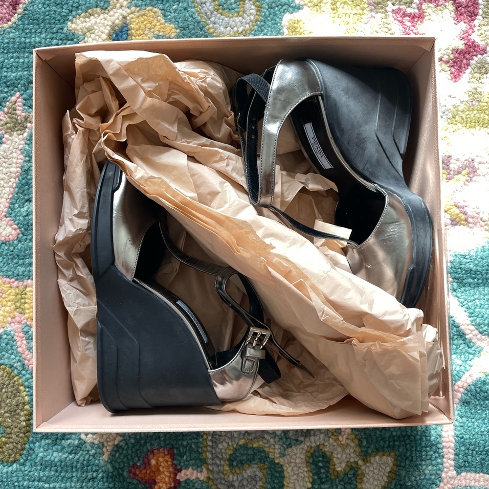 NWB PRADA T-STRAP CHROME WEDGE